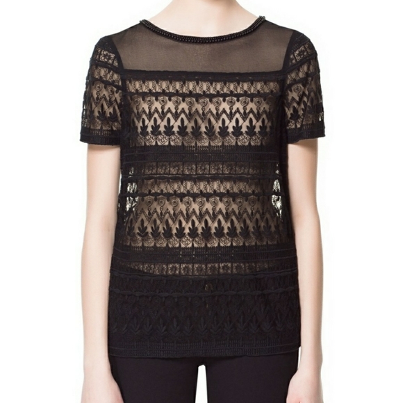 Zara Tops - ZARA Black Crochet Lace Tee XS Beaded Neckline Sheer Mesh Nylon Punk Goth